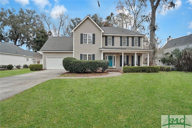 colonial-style house with a front lawn, a porch, concrete driveway, a shingled roof, and a garage