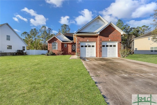 view of front of property with brick siding, a front lawn, fence, concrete driveway, and a garage