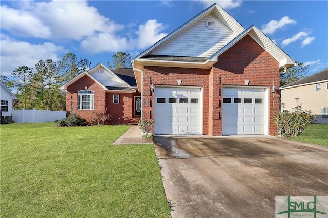 view of front of home with fence, an attached garage, a front lawn, concrete driveway, and brick siding