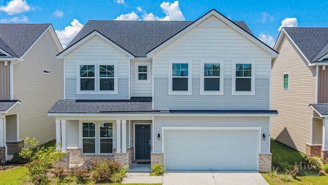 18 Allston Ln, Savannah, GA 31407 - view of front facade with concrete driveway, a garage, a shingled roof, brick siding, and covered porch