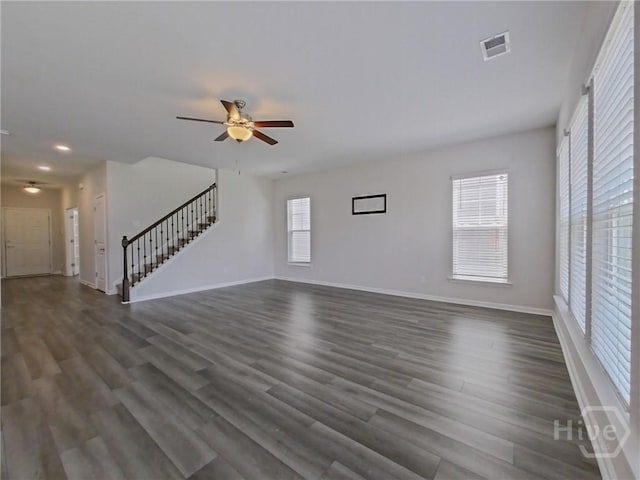 18 Allston Ln, Savannah, GA 31407 - unfurnished living room featuring stairway, ceiling fan, baseboards, dark wood-type flooring, and recessed lighting