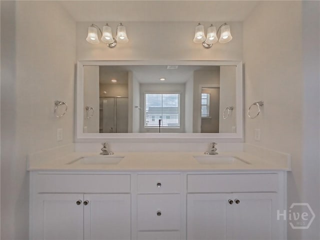 18 Allston Ln, Savannah, GA 31407 - full bathroom featuring double vanity and a shower with door