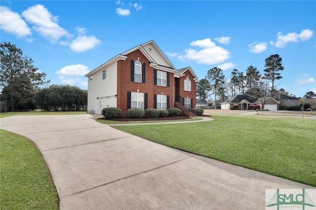 view of front of house with brick siding, a garage, concrete driveway, and a front lawn