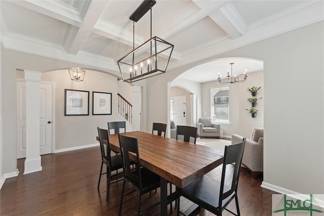 dining room featuring baseboards, arched walkways, coffered ceiling, and dark wood-style flooring