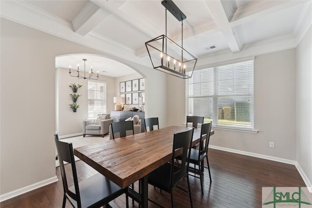 dining area featuring visible vents, dark wood-type flooring, baseboards, arched walkways, and coffered ceiling