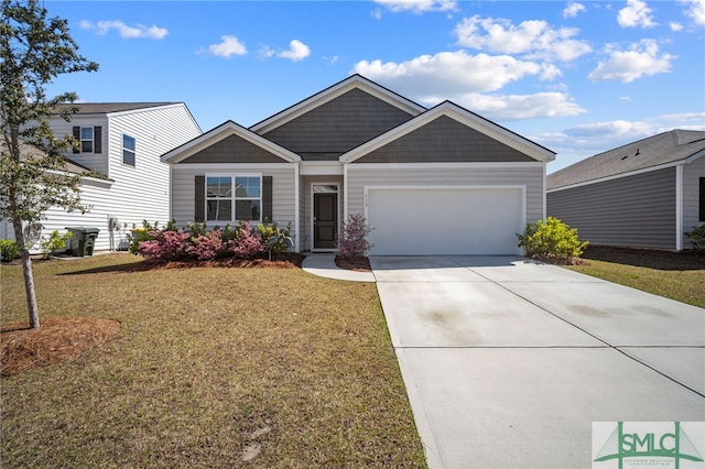 view of front of home featuring concrete driveway, a garage, and a front lawn