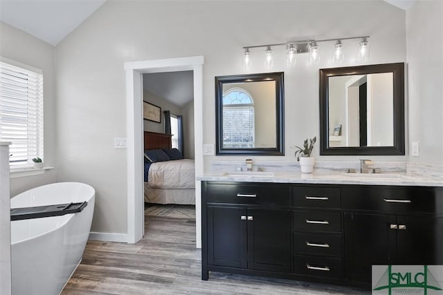 bathroom featuring a wealth of natural light, double vanity, lofted ceiling, and a sink