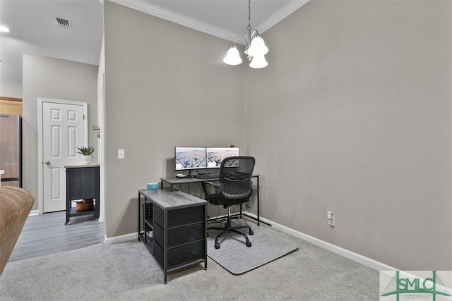 home office featuring visible vents, baseboards, crown molding, and carpet