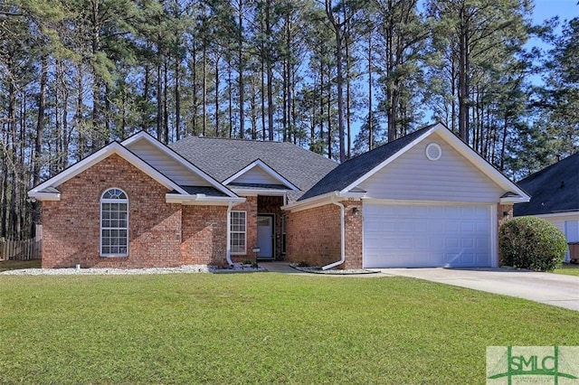 single story home with driveway, a shingled roof, a front yard, an attached garage, and brick siding