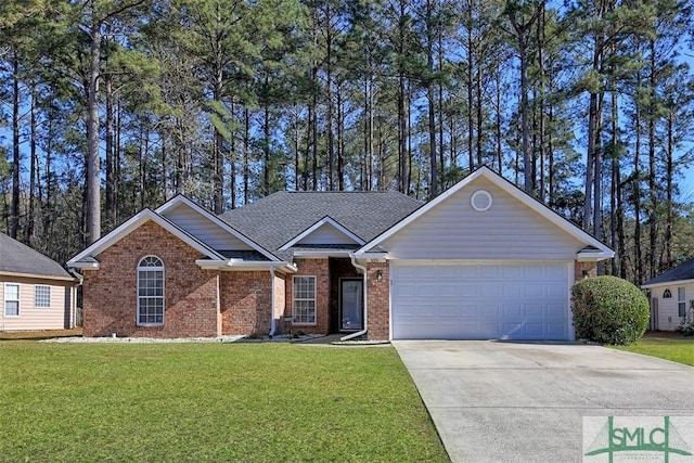 ranch-style home featuring a front yard, roof with shingles, an attached garage, concrete driveway, and brick siding