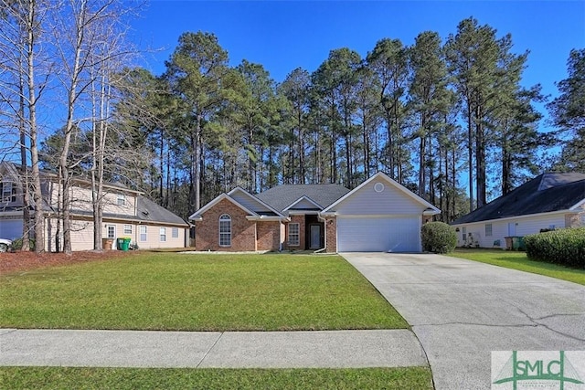 view of front of home featuring brick siding, a garage, concrete driveway, and a front yard