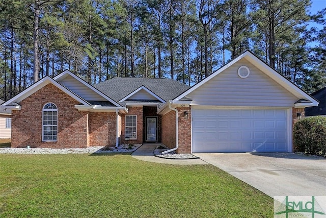 ranch-style house with brick siding, an attached garage, concrete driveway, and a front yard