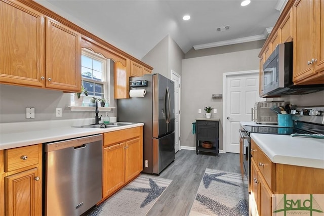 kitchen featuring light countertops, light wood-type flooring, appliances with stainless steel finishes, and a sink