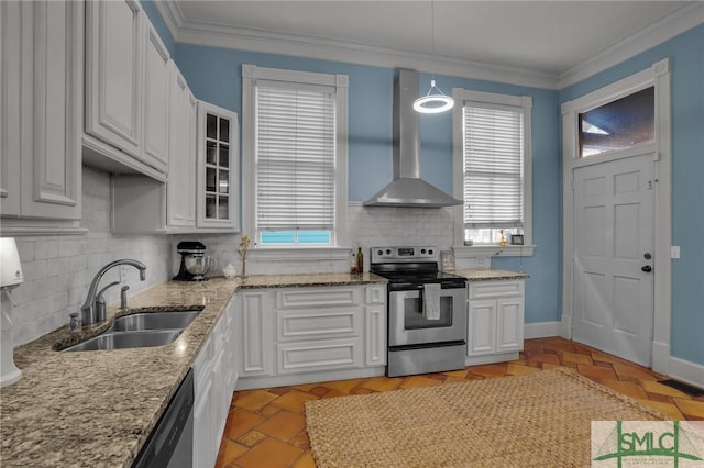 kitchen with a sink, white cabinetry, stainless steel appliances, crown molding, and extractor fan