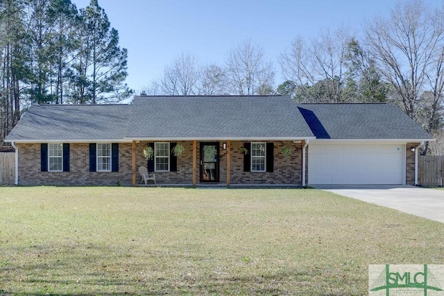 ranch-style home with a shingled roof, fence, concrete driveway, a front yard, and an attached garage