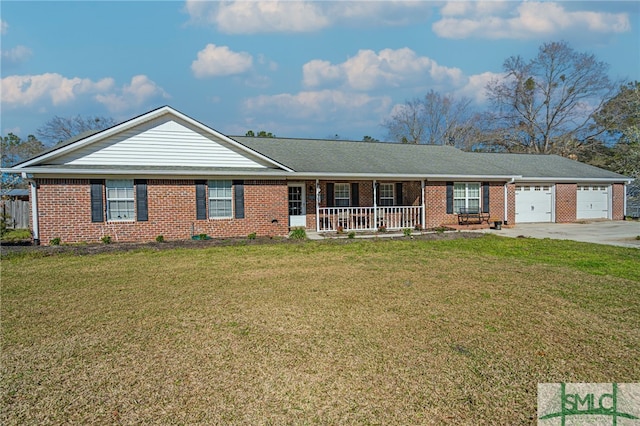 ranch-style home featuring a front yard, driveway, a porch, an attached garage, and brick siding