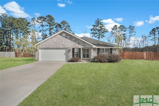 single story home with brick siding, driveway, a front yard, and a garage