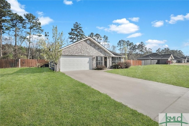 single story home with driveway, a front lawn, fence, an attached garage, and brick siding