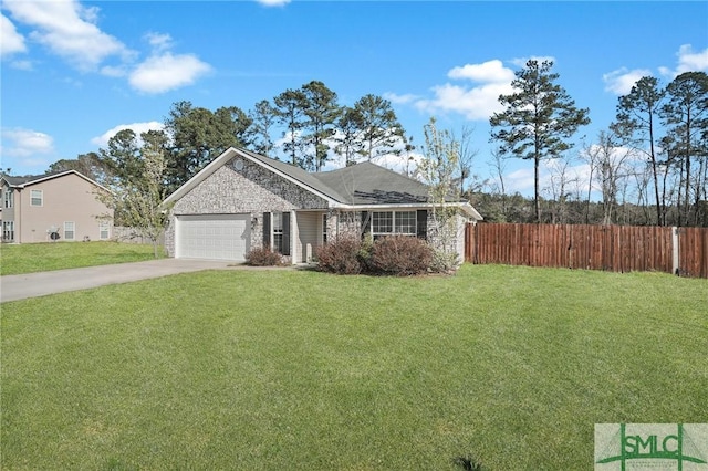 single story home featuring a garage, concrete driveway, a front yard, and fence