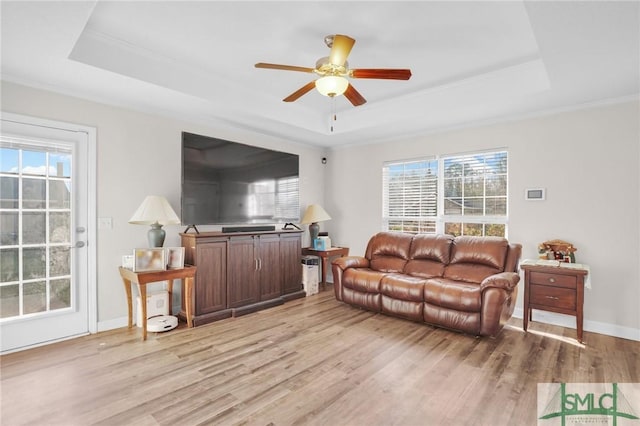 living room featuring a raised ceiling, plenty of natural light, and light wood finished floors