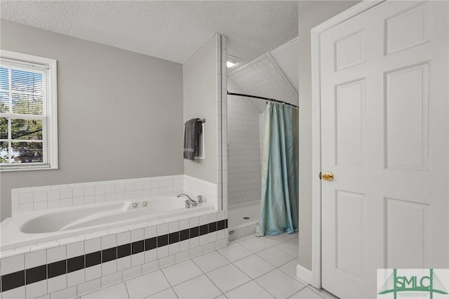 full bathroom featuring a textured ceiling, a bath, a shower stall, and tile patterned flooring