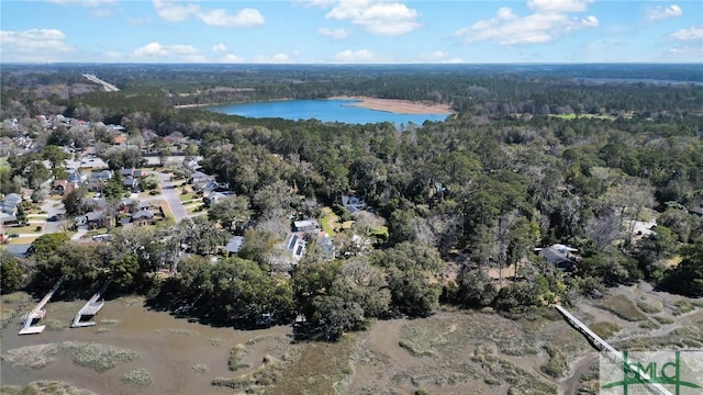 drone / aerial view featuring a forest view and a water view