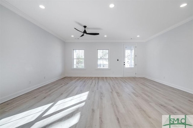 unfurnished living room with recessed lighting, baseboards, ornamental molding, and light wood finished floors