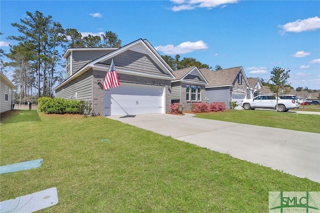 single story home featuring concrete driveway, a garage, and a front lawn