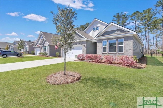 view of front facade with board and batten siding, concrete driveway, an attached garage, a front yard, and brick siding