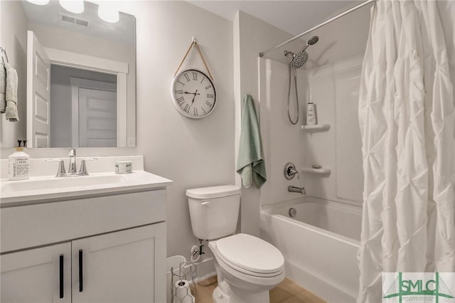 full bathroom with visible vents, shower / bathtub combination with curtain, toilet, and vanity