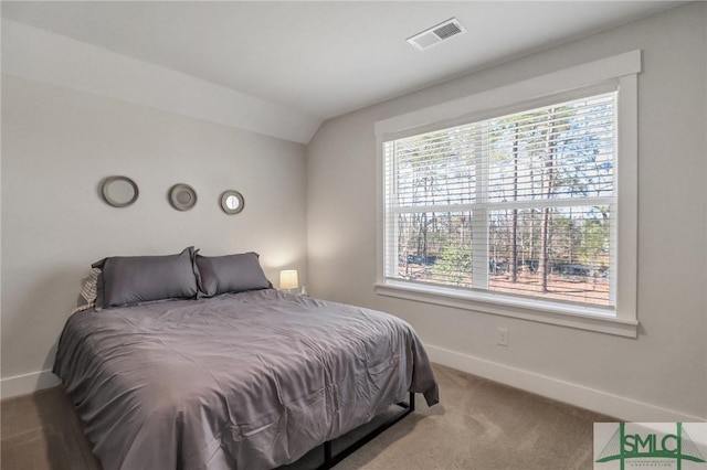 bedroom with visible vents, carpet flooring, lofted ceiling, and baseboards