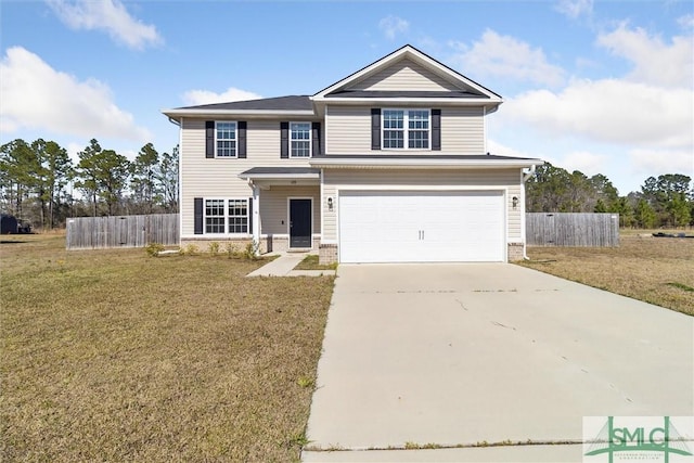 traditional-style house featuring a front lawn, driveway, fence, a garage, and brick siding