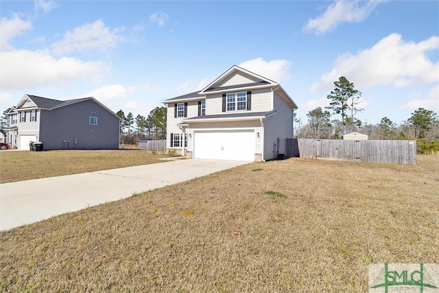 traditional home featuring driveway, a front lawn, a garage, and fence