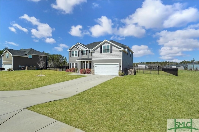 view of front of house featuring an attached garage, driveway, a front lawn, and fence