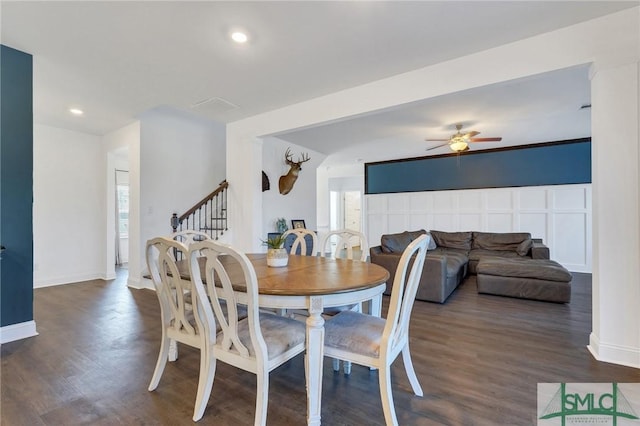 dining space with ceiling fan, baseboards, stairway, recessed lighting, and dark wood-style floors