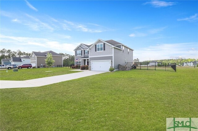 view of front of home with an attached garage, a front lawn, fence, and driveway