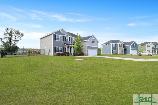 view of front facade with fence, a residential view, a garage, a front yard, and driveway