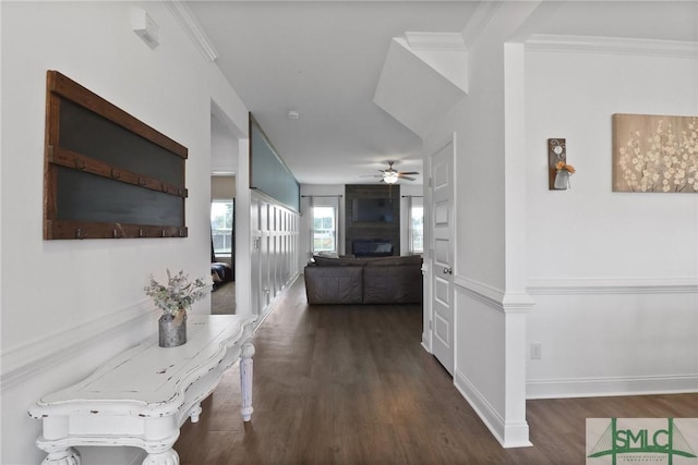 hall with crown molding, baseboards, and wood finished floors