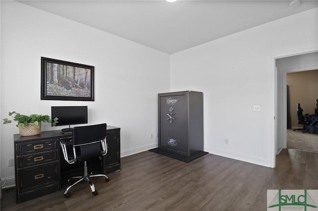 office with baseboards and dark wood-style floors