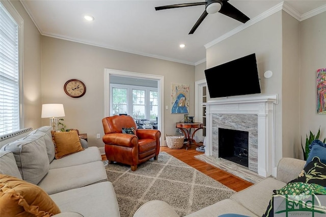 living room featuring a wealth of natural light, ornamental molding, a fireplace, and wood finished floors