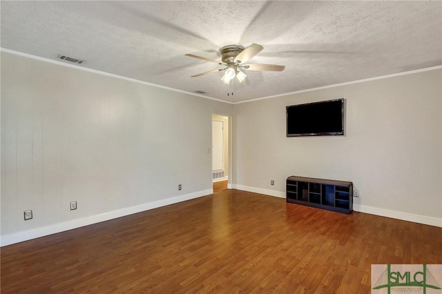 unfurnished living room featuring visible vents, a textured ceiling, wood finished floors, and a ceiling fan