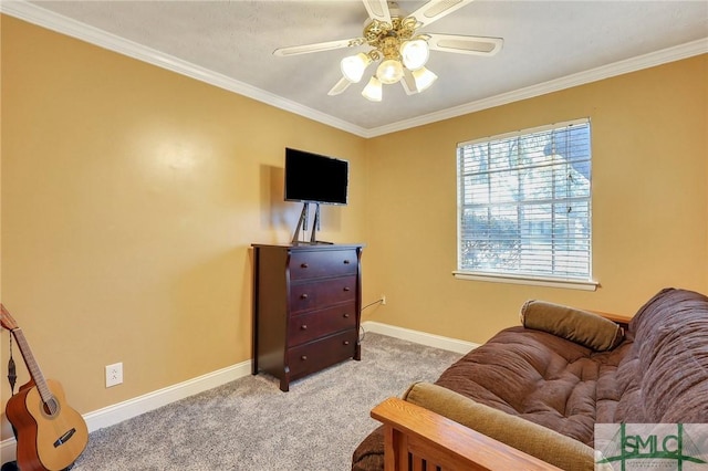 living area with carpet flooring, baseboards, and ornamental molding