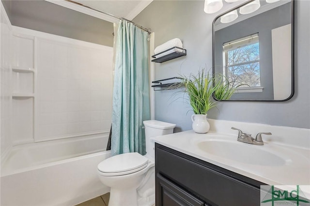 bathroom with vanity, tile patterned floors, toilet, and shower / tub combo with curtain