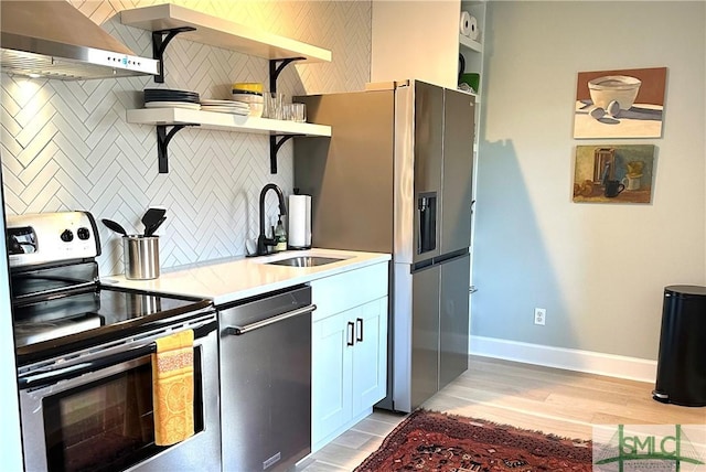 kitchen featuring open shelves, a sink, appliances with stainless steel finishes, light countertops, and extractor fan