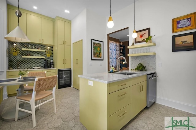 kitchen with open shelves, wine cooler, backsplash, and a sink