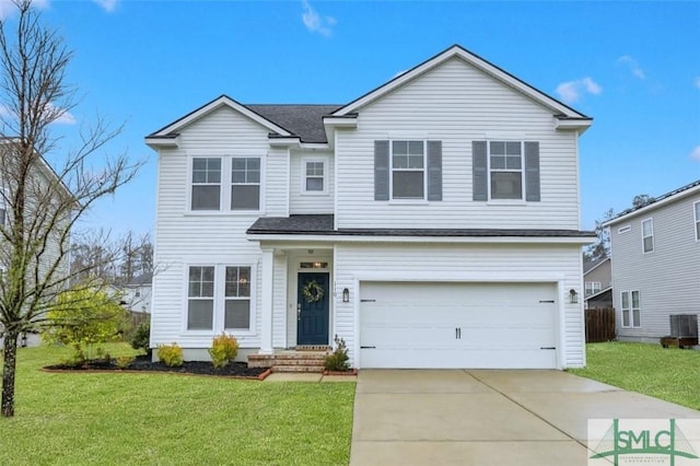 traditional home with an attached garage, a shingled roof, a front yard, cooling unit, and driveway