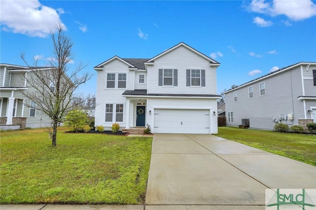 traditional home with a front lawn, central air condition unit, an attached garage, and driveway