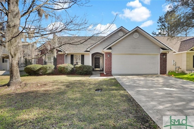 single story home with a front lawn, an attached garage, brick siding, and driveway