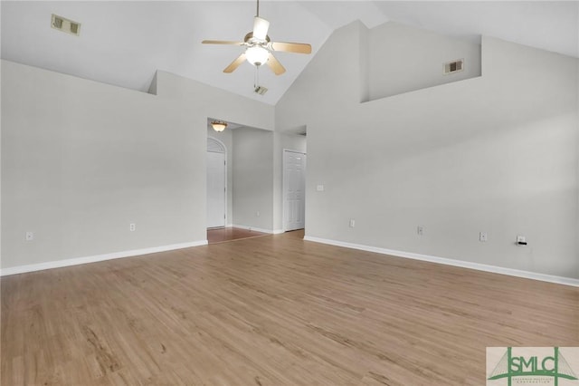 unfurnished room featuring light wood-style floors, visible vents, and ceiling fan