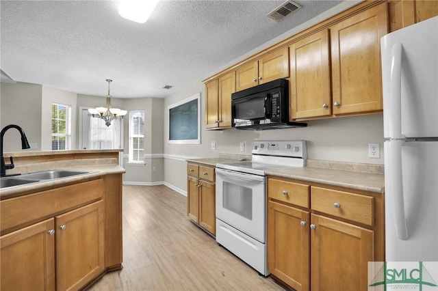 kitchen featuring white appliances, visible vents, a sink, light countertops, and light wood-style floors